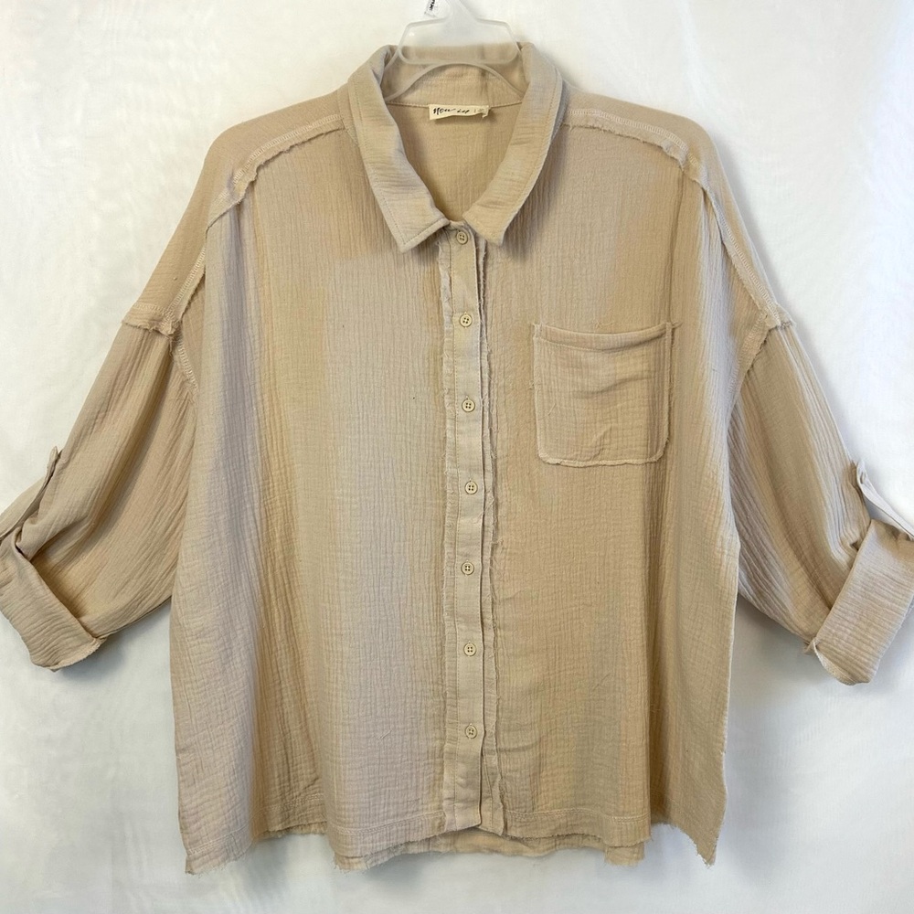 New In Women’s Soft Cotton Gauze Button Front Roll Tab Sleeve Blouse / 1X